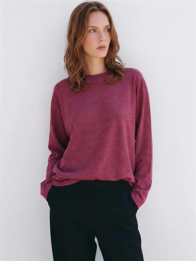 LINEN-BLEND LONG-SLEEVE TOP — CHERRY