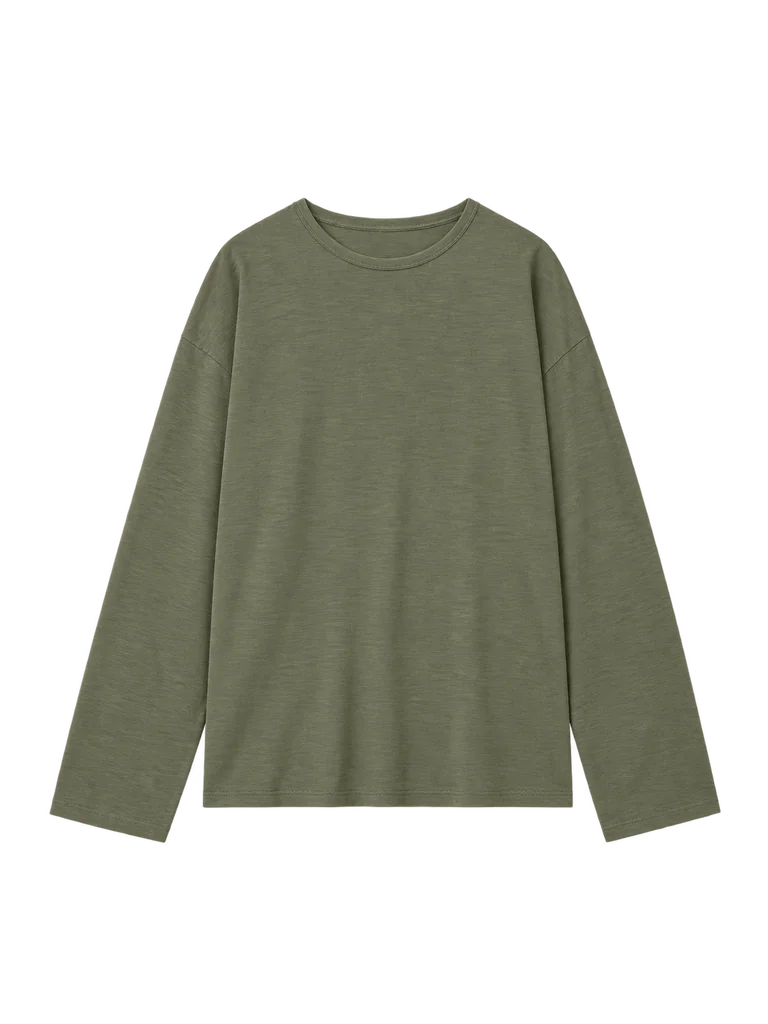 LINEN-BLEND LONG-SLEEVE TOP — ASH OLIVE