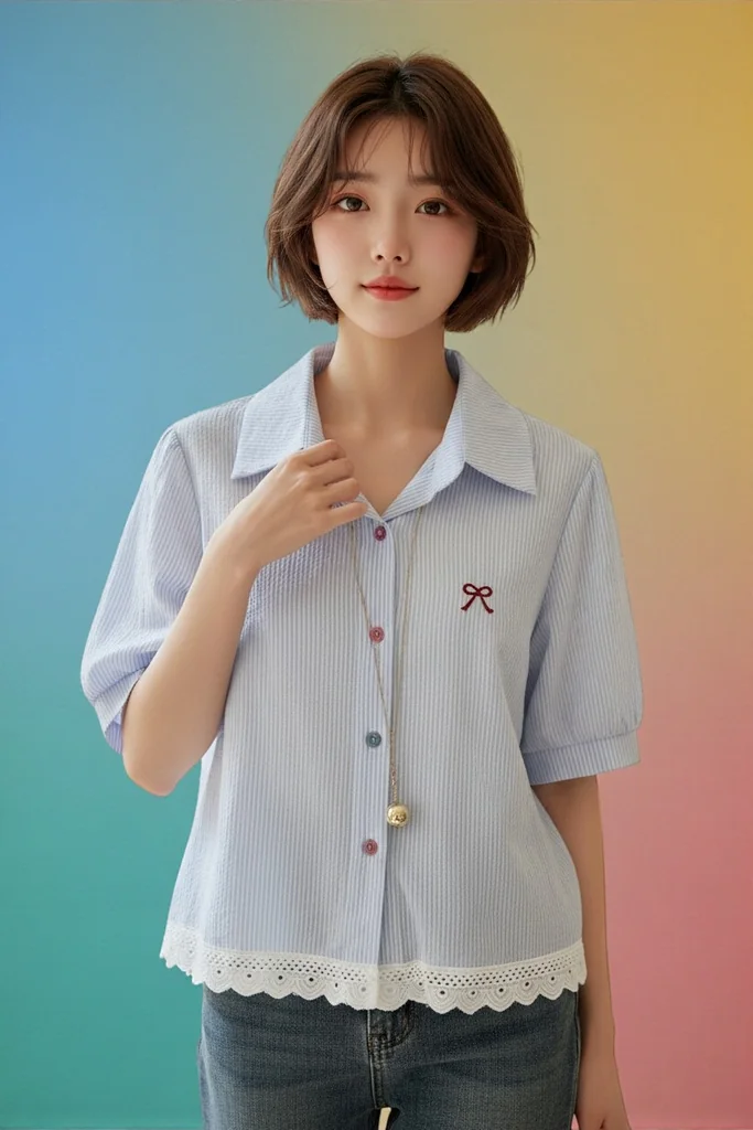 เสื้อเชิ้ตผู้หญิงแขนสั้น ลายทางสีฟ้า ปักโบสีแดง ชายลูกไม้สวยหวาน มี 2 ไซส์ เสื้อเชิ้ตผู้หญิงแขนสั้น ลายทางสีฟ้า ปักโบสีแดง ชายลูกไม้สวยหวาน มี 2 ไซส์