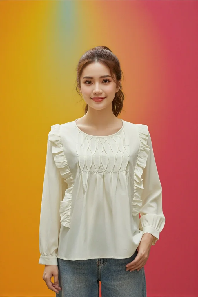 เสื้อผู้หญิงแขนยาว สีเหลืองพาสเทล ดีไซน์เกร็ดหน้าระบายข้าง เสื้อผู้หญิงแขนยาว สีเหลืองพาสเทล ดีไซน์เกร็ดหน้าระบายข้าง