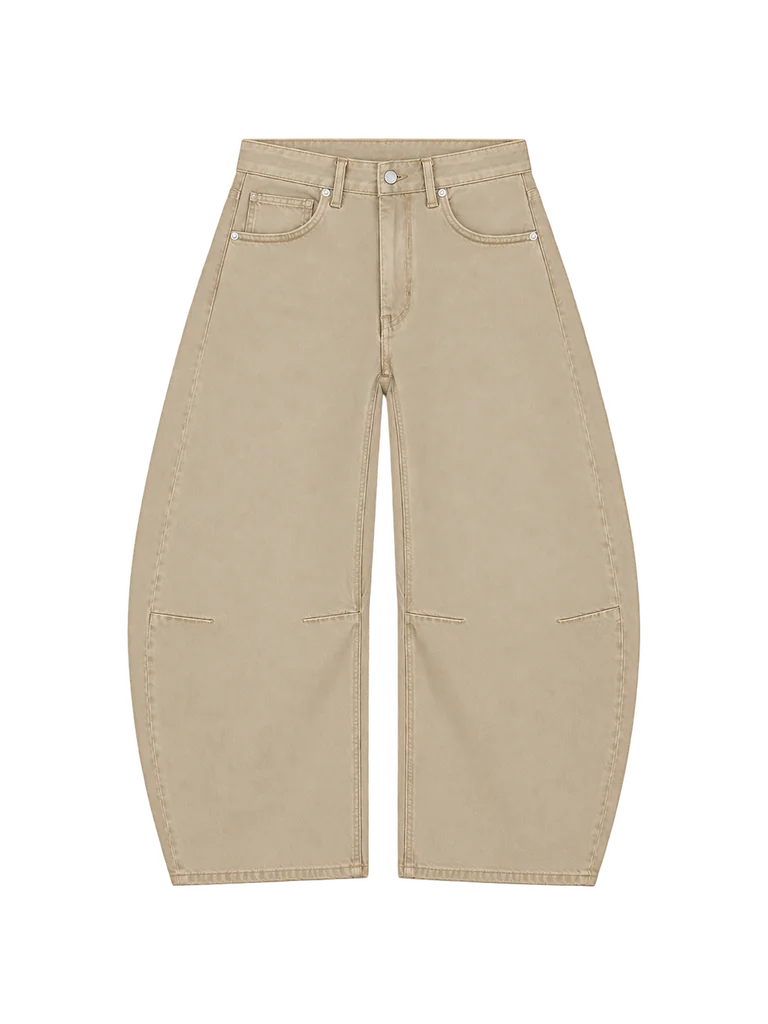 BARREL-LEG DENIM TROUSERS — BEIGE