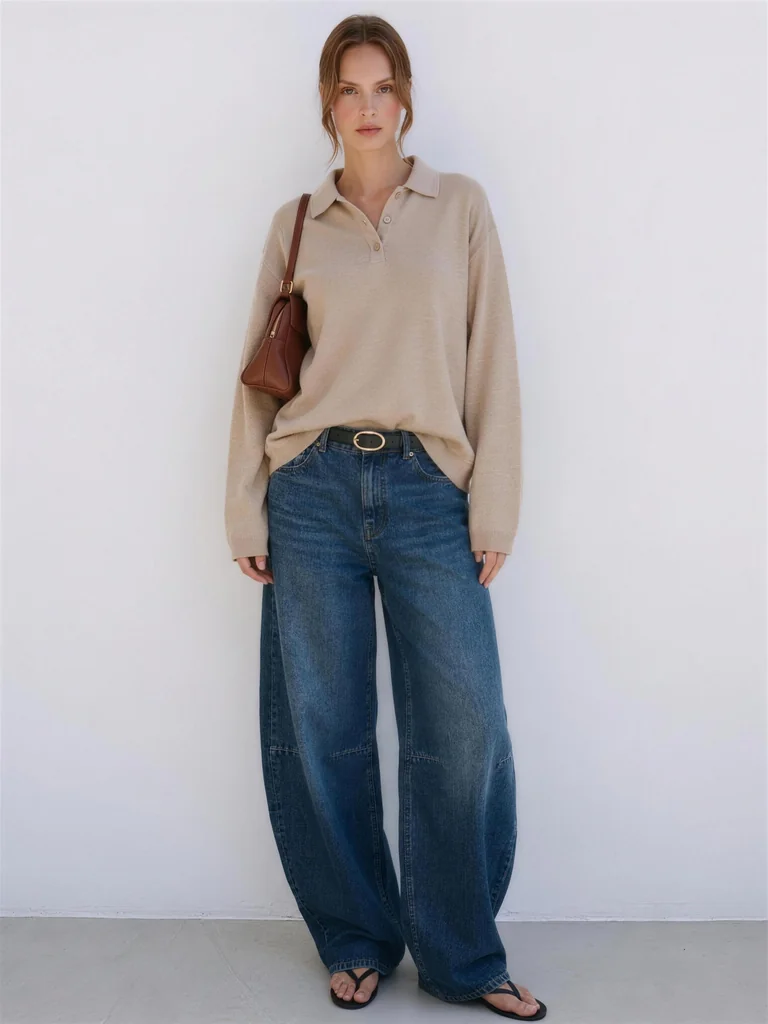BARREL-LEG DENIM TROUSERS — WASHED DARK BLUE