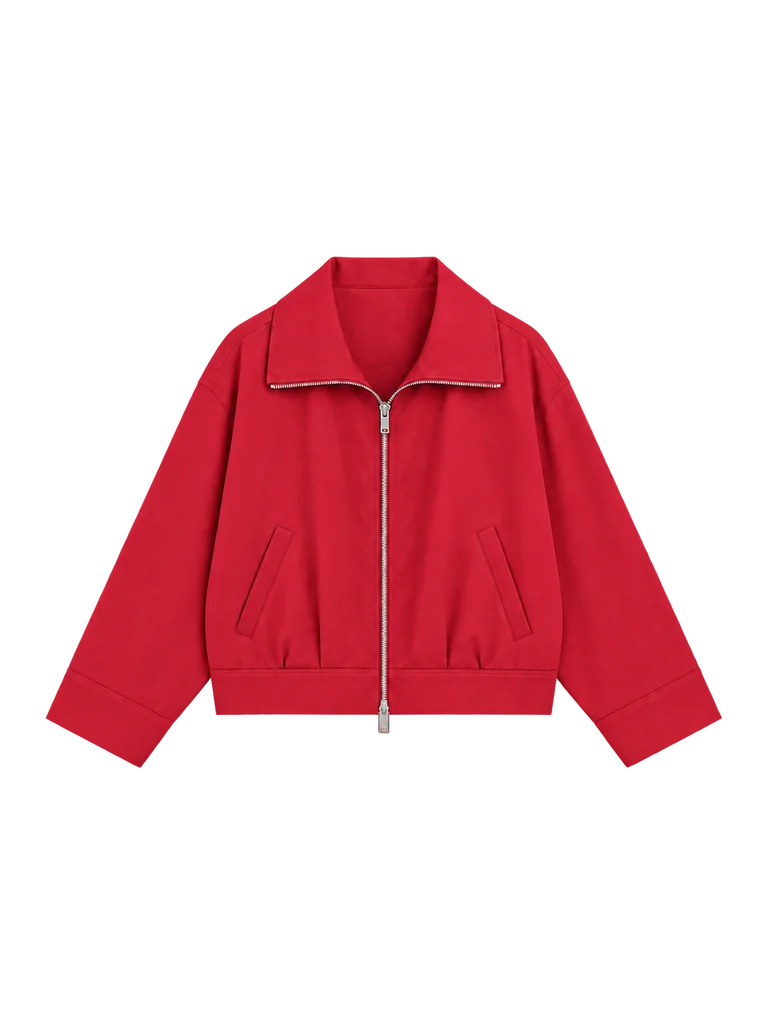 WIDE-COLLAR ZIP JACKET — CHERRY RED