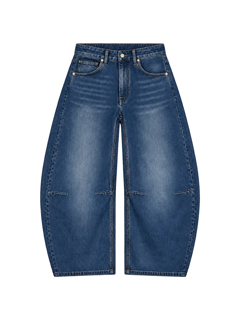 BARREL-LEG DENIM TROUSERS — WASHED DARK BLUE
