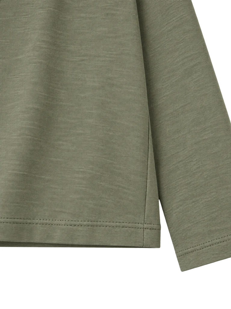 LINEN-BLEND LONG-SLEEVE TOP — ASH OLIVE