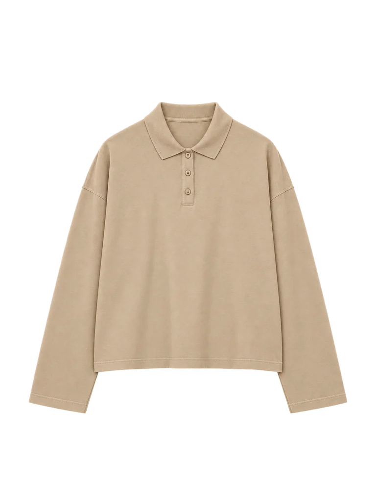 RELAXED LONG-SLEEVE POLO — WHEAT BEIGE RELAXED LONG-SLEEVE POLO — WHEAT BEIGE