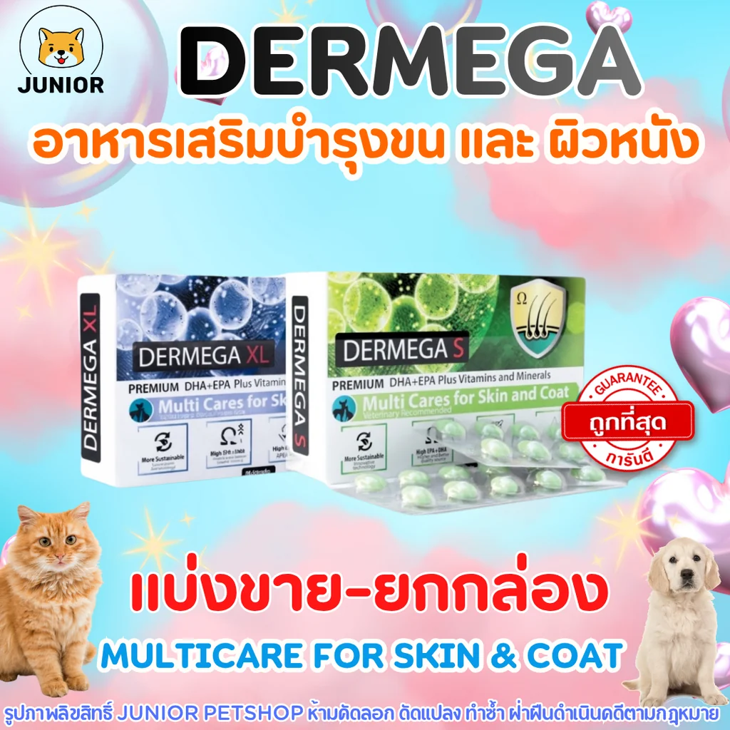 Dermega วิตามินบำรุงผิวหนังและขน สำหรับสุนัขและแมว Dermega ลดอาการคันและผื่นแพ้ ฟื้นฟูผิวหนังอักเสบ Dermega วิตามินบำรุงผิวหนังและขน สำหรับสุนัขและแมว Dermega ลดอาการคันและผื่นแพ้ ฟื้นฟูผิวหนังอักเสบ