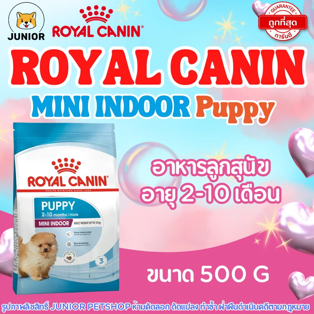 Royal Canin Mini Indoor Puppy 500g. อาหารเม็ดลูกสุนัข พันธุ์เล็ก เลี้ยงในบ้าน อายุ 2-10 เดือน