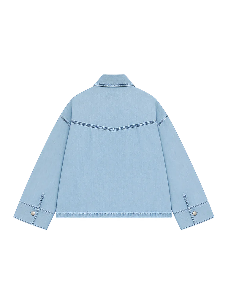 CURVED-SHOULDER DENIM JACKET — LIGHT BLUE