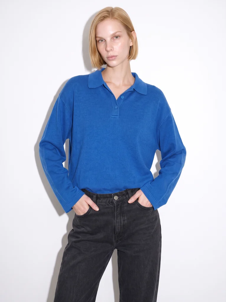 RELAXED LONG-SLEEVE POLO — COBALT