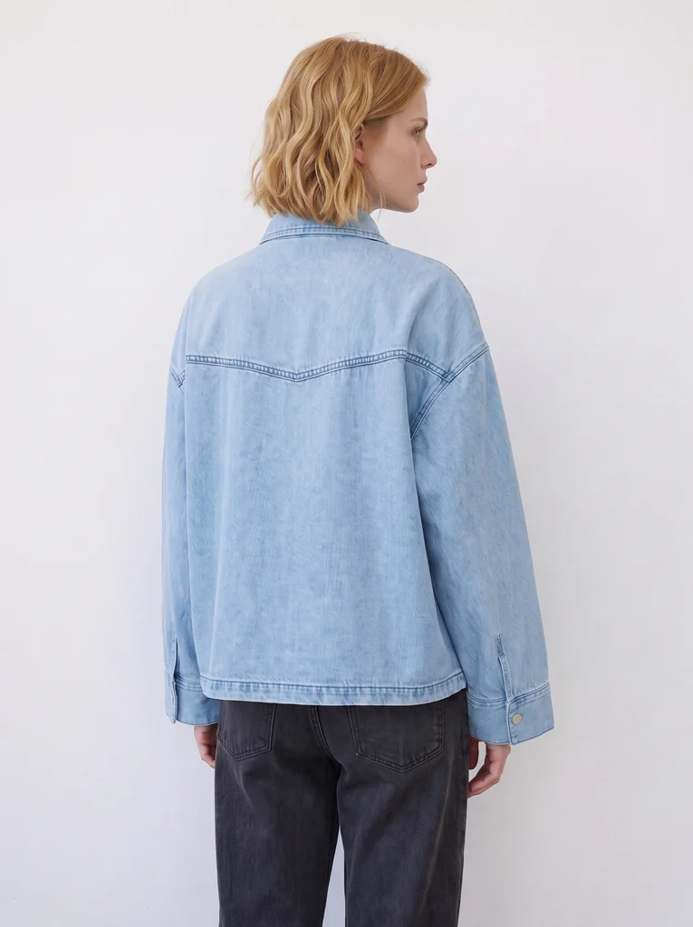 CURVED-SHOULDER DENIM JACKET — LIGHT BLUE