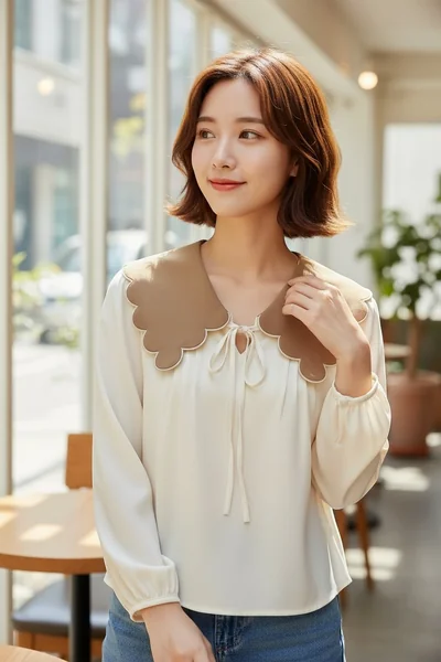 เสื้อผู้หญิงแขนยาว สีเหลืองพาสเทล คอปกระบายสีน้ำตาล ผูกโบว์ เรียบหรู image 2 เสื้อผู้หญิงแขนยาว สีเหลืองพาสเทล คอปกระบายสีน้ำตาล ผูกโบว์ เรียบหรู image 2