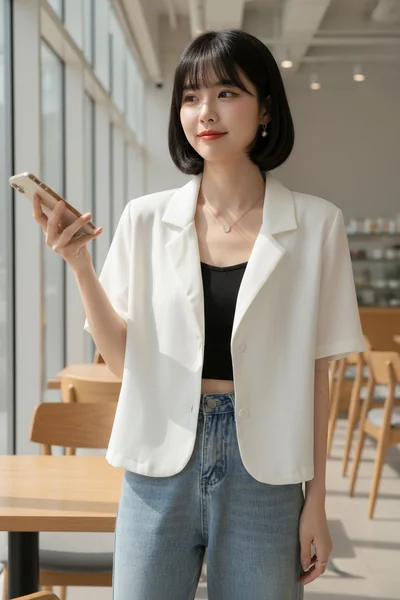 เสื้อเบลเซอร์แขนสั้น สีขาว สไตล์มินิมอล image 1 เสื้อเบลเซอร์แขนสั้น สีขาว สไตล์มินิมอล image 1