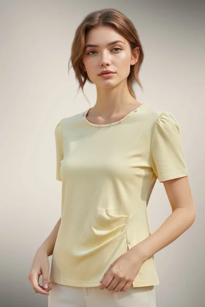 เสื้อยืดแฟชั่นผู้หญิง แขนสั้น สีเหลือง จีบด้านหน้าโบหลัง ลุคหวาน image 1