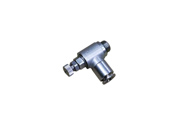 FLOW REGULATOR WITH SWIVELLING PUSH-IN FITTING AND