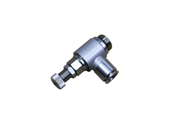 FLOW REGULATOR WITH SWIVELLING PUSH-IN FITTING AND