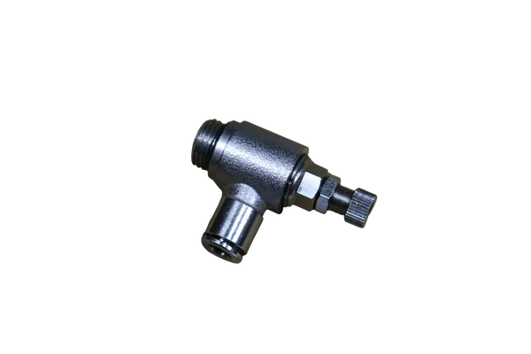 FLOW REGULATOR WITH SWIVELLING PUSH-IN FITTING AND