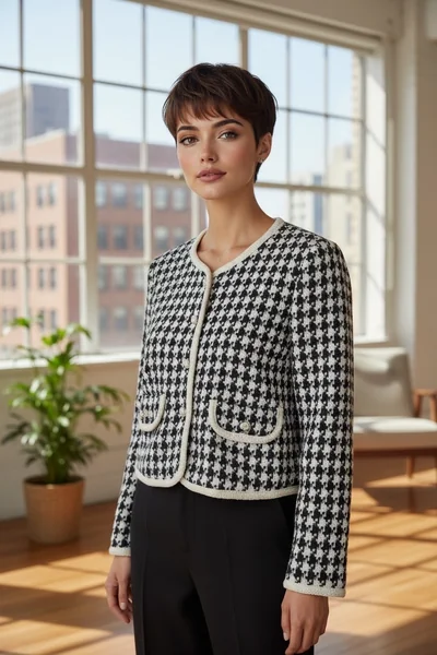 เสื้อคลุมผ้าทวีตลาย Houndstooth สีดำสลับขาว สไตล์คลาสสิก image 2 เสื้อคลุมผ้าทวีตลาย Houndstooth สีดำสลับขาว สไตล์คลาสสิก image 2