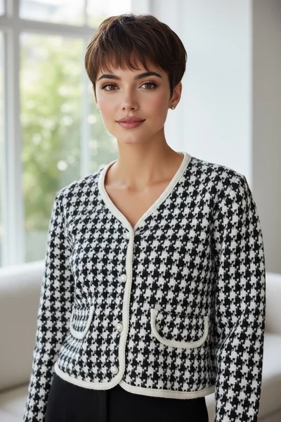 เสื้อคลุมผ้าทวีตลาย Houndstooth สีดำสลับขาว สไตล์คลาสสิก image 1 เสื้อคลุมผ้าทวีตลาย Houndstooth สีดำสลับขาว สไตล์คลาสสิก image 1