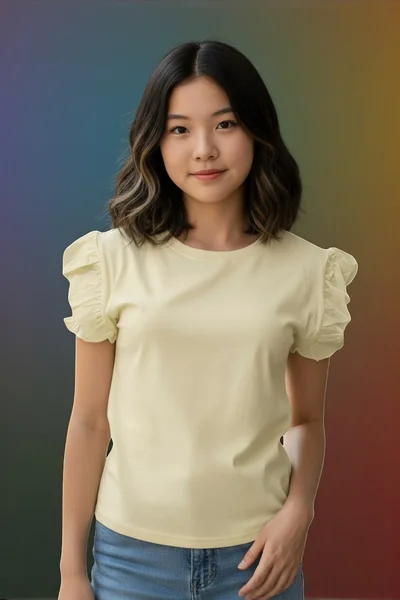 เสื้อยืดแฟชั่นผู้หญิง สีเหลือง แขนระบาย สวยหวาน image 1