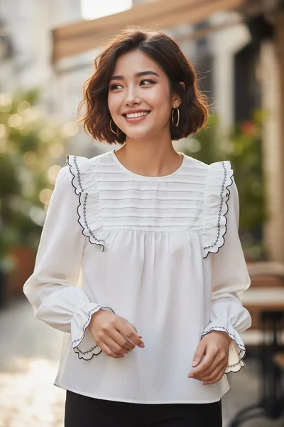 เสื้อผู้หญิงแขนยาว สีขาว แต่งลูกไม้ระบายข้าง ลุคหวาน image 2 เสื้อผู้หญิงแขนยาว สีขาว แต่งลูกไม้ระบายข้าง ลุคหวาน image 2