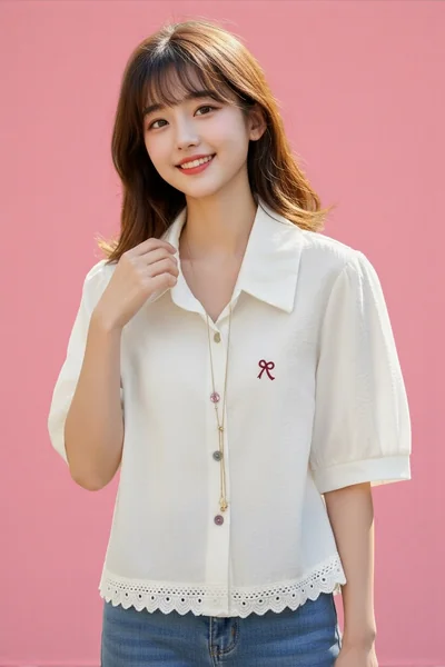 เสื้อเชิ้ตผู้หญิงแขนสั้น สีขาว ปักโบสีแดง ชายลูกไม้สวยหวาน มี 2 ไซส์ image 1 เสื้อเชิ้ตผู้หญิงแขนสั้น สีขาว ปักโบสีแดง ชายลูกไม้สวยหวาน มี 2 ไซส์ image 1