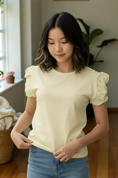 เสื้อยืดแฟชั่นผู้หญิง สีเหลือง แขนระบาย สวยหวาน image 2