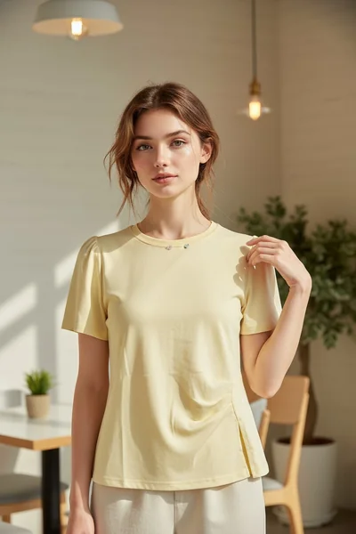 เสื้อยืดแฟชั่นผู้หญิง แขนสั้น สีเหลือง จีบด้านหน้าโบหลัง ลุคหวาน image 2