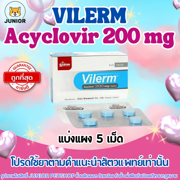 Vilerm ต้านเชื้อไวรัส ไวเลิม 200mg Acyclovir 200mg แบ่งแผง (5เม็ด) image 1 Vilerm ต้านเชื้อไวรัส ไวเลิม 200mg Acyclovir 200mg แบ่งแผง (5เม็ด) image 1