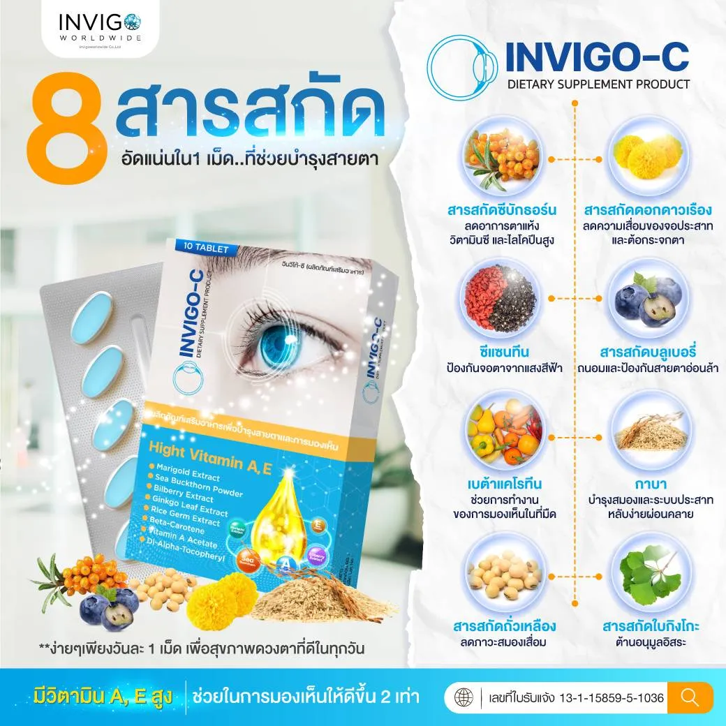 Invigoc อินวิโก้ซ๊ วิตามินบำรุงดวงตา วิตามินบำรุงสายตา ตาแห้ง แสบตา ตาพร่ามัว อาหารเสริมบำรุงดวงตา ต้อเนื้อ ต้อลม ต้อกระจก วิตามินบำรุงตายี่ห้อไหนดี ตาแห้งจากหน้าจอ วิตามินบำรุงตายี่ห้อไหนดี สายตาเสื่อมบำรุงยังไง
