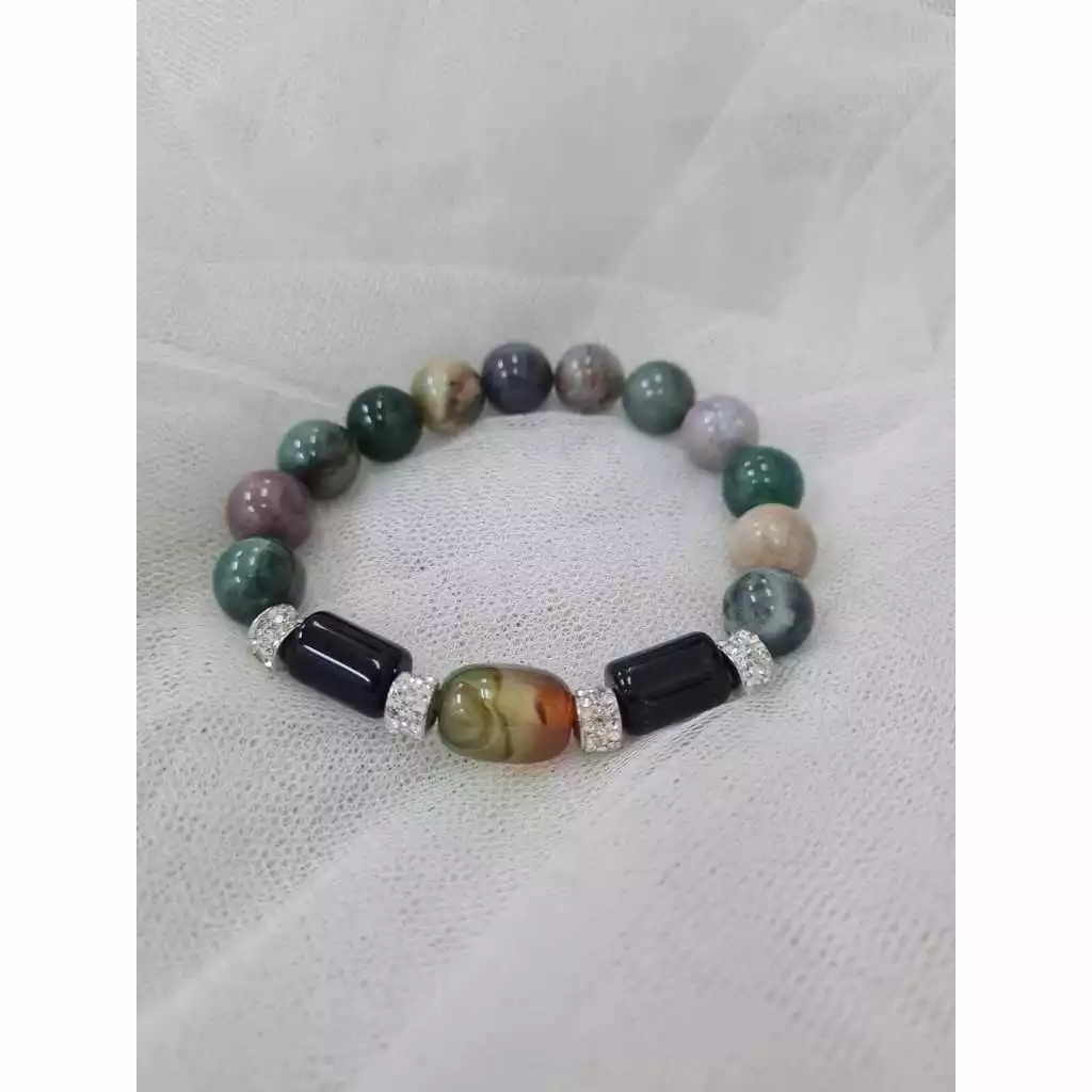 (019) กำไลหินมอสอาเกต หยกห้าสี (โชคลาภ โชคดี มั่งคั่ง เจริญรุ่งเรือง อุดมสมบูรณ์ สร้างสมดุล) ขนาดข้อมือระบุทางแชทได้เลยค่ะ